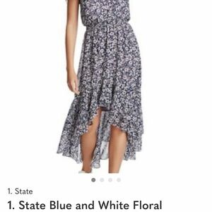 1. State Blue and White Floral Ruffle Hi-Low Spring Maxi Dress